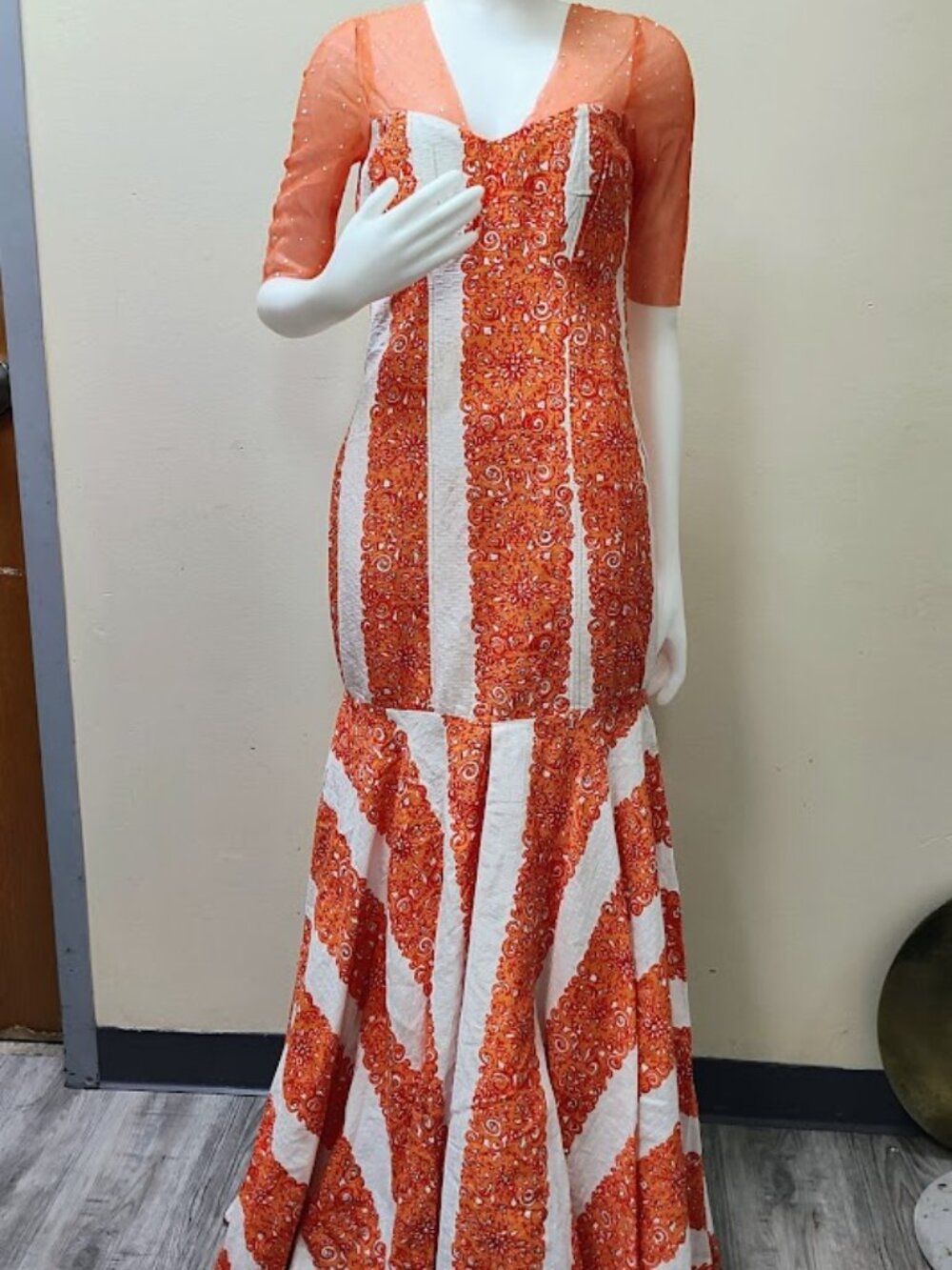 Ankara print and Net mermaid dress | orange | Size S